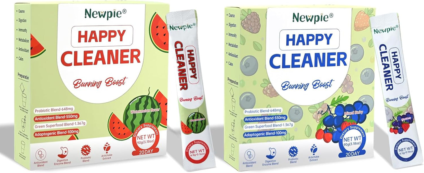 Newpie Superfoods Happy Cleaner Probiotic Powder,Watermelon&Mixed Berry Flavor Organic Prebiotic & Probiotic Fiber Powder,Sugar Free,Gut Health For Women Men (20+20 Packet, Watermelon&Mixed Berry)