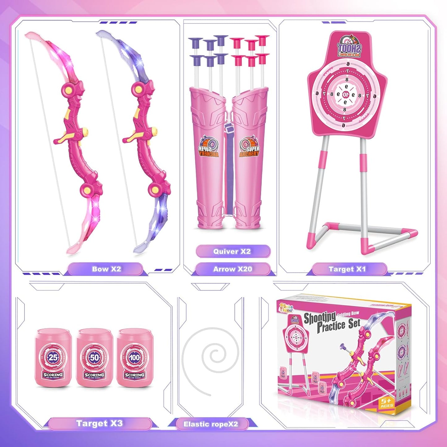 SpringFlower 2 Bow and Arrow Sets with LED Light-up,2 Foam Dart Guns for Kids 5 6 7 8 9 10+ Years Old, Archery Set with Standing Target for Boys & Girl, Ideal Gift