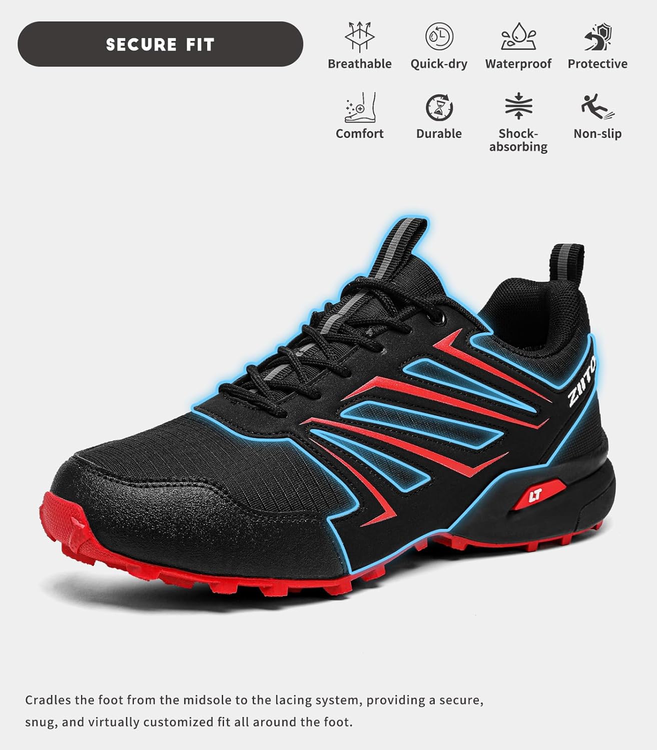 Mens Trail Running Shoes Waterproof Non-Slip Hiking Walking Sneakers for Outdoor Trailing Trekking Camping Quest Black