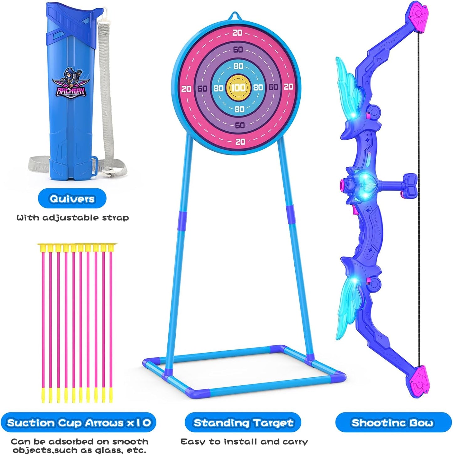 Kids Bow and Arrow Toy, Angel Light Up Archery Set W/ 10 Suction Cup Arrows, Targets & Quiver, Outdoor/Indoor Games for Kids Ages 4-7 8-12, Birthday Gifts for 4 5 6 7 8 9 10 11 12 Year Old Boys Girls
