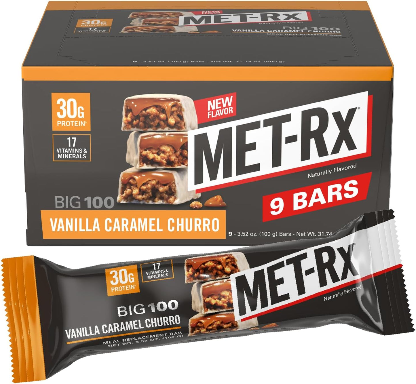 MET-Rx Big 100 Colossal Protein Bars, Vanilla Caramel Churro Meal Replacement Bars, Brown, 9 Count