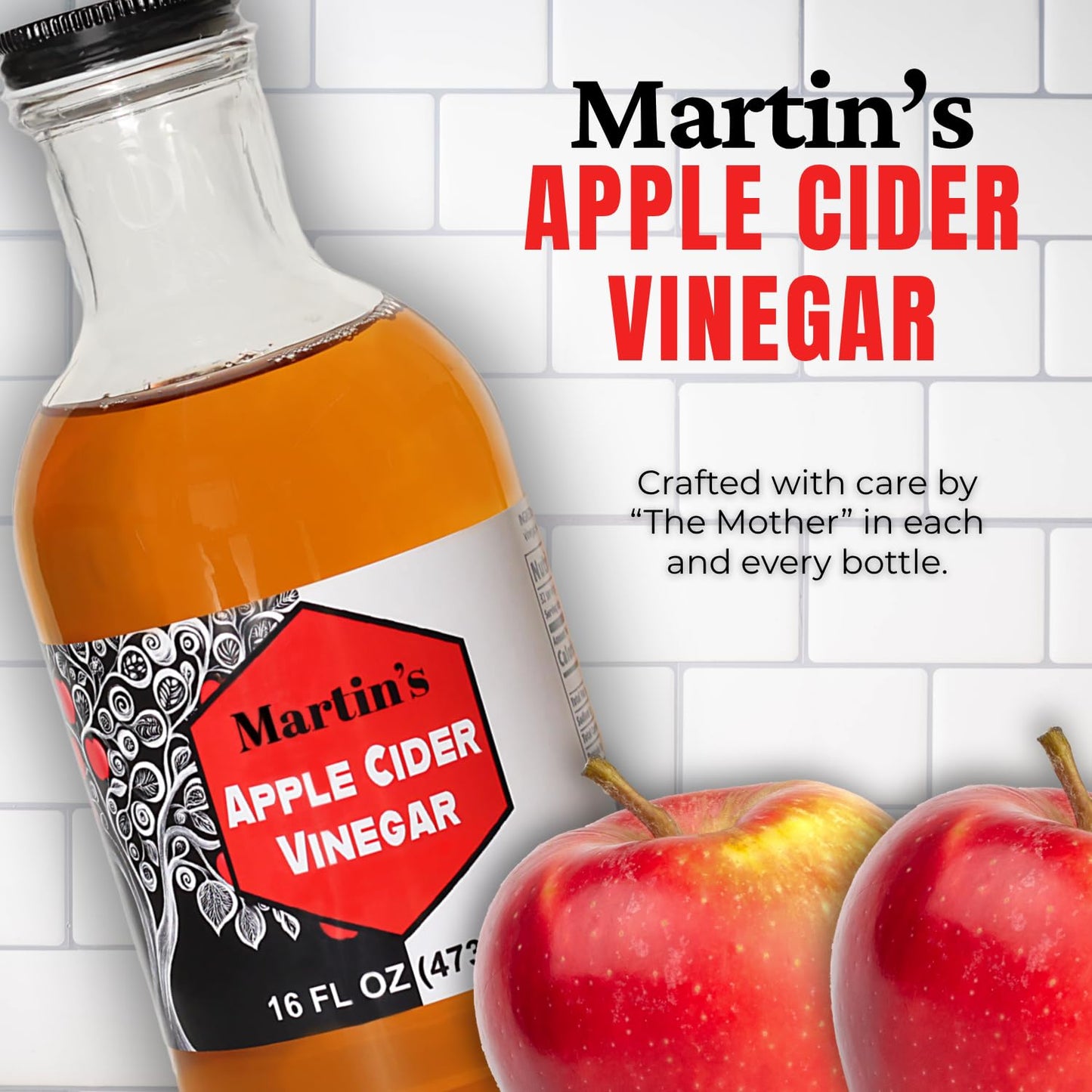 Slide Ridge Martin's Honey Apple Cider Vinegar | Crispy & Sweet | Wellness, Kitchen, & Household Staple | 16 oz (Pack of 6)