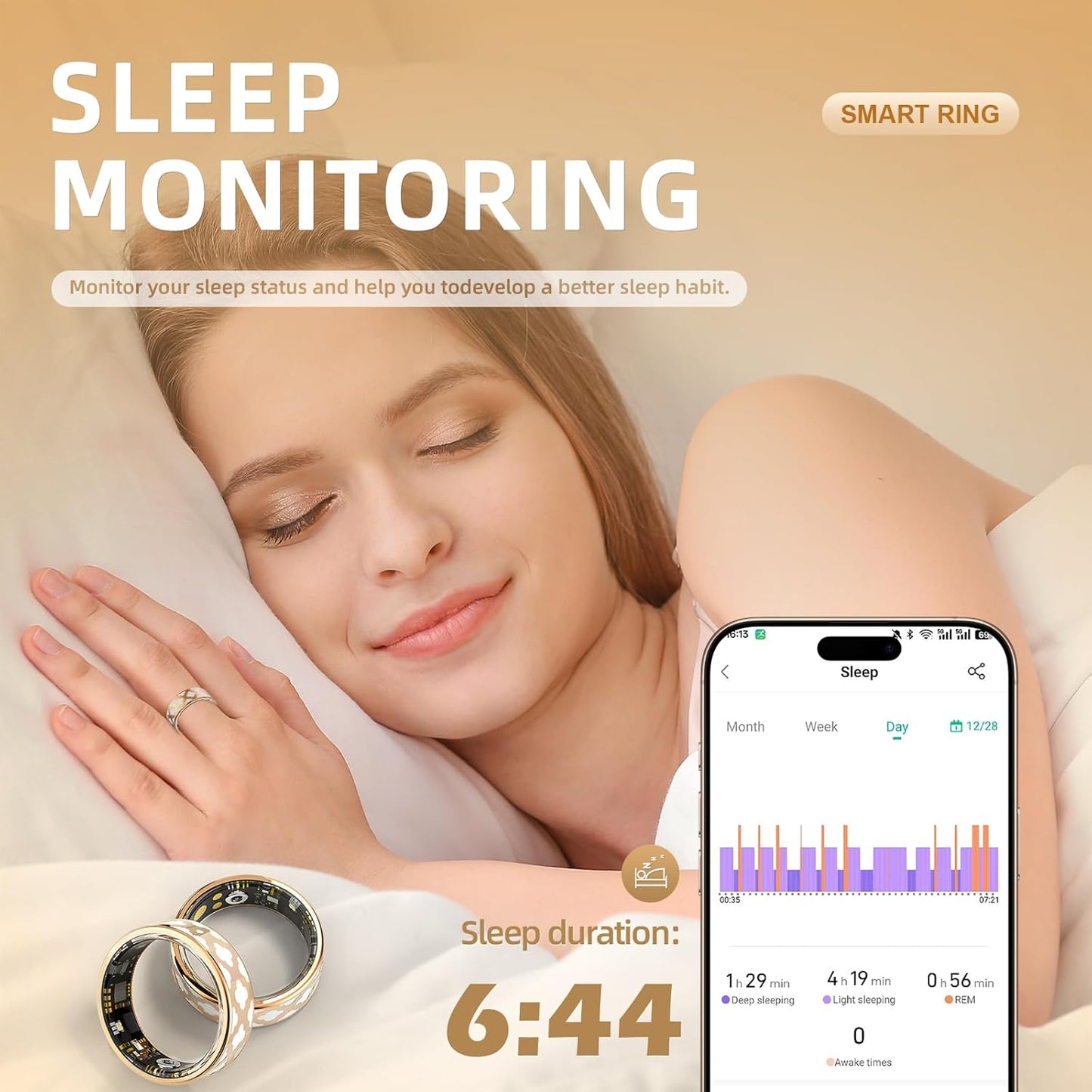 Smart Ring for Women Men -Health Tracker Ring with Heart Rate/Blood Oxygen/Sleep Tracker/Step Counter/10ATM Waterproof Fitness Tracker Ring，Free No Subscription Fee, for iOS&Android