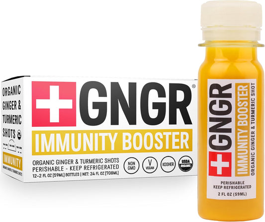 +GNGR Immunity Booster Organic Ginger and Turmeric Shot - Cold Pressed Ginger Shots with Turmeric, Cayenne Pepper, Orange, Lemon for All Natural Immune & Digestive Support (2 Oz, Pack of 12)