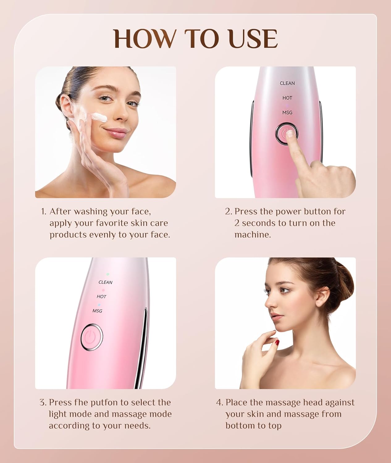 7 Color Galvanic Machines - Red Light Therapy for Face and Neck, Face Massager Tool for Wrinkles, Double Chin, Vibrating Facial Massager with Thermals, Pink