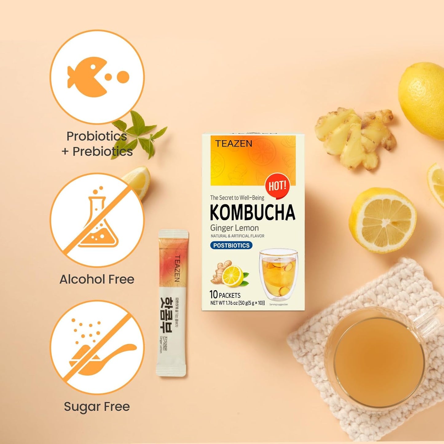 TEAZEN Lemon Ginger Hot Kombucha Tea, Spice Tea, Live Probiotics & Postbiotics, Relaxation and Warmth for Colds and Sore Throat, Hydration Drink Mix, Sugar Free, 10 Sticks, 1.76oz