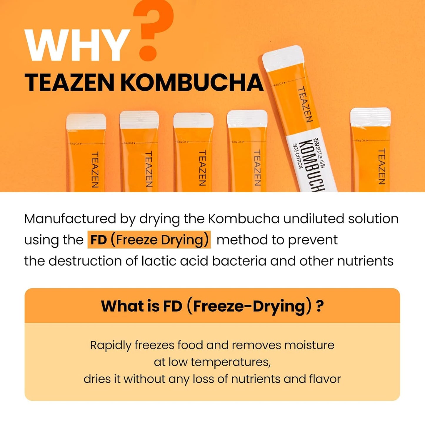 TEAZEN Citron Kombucha Tea, Hydration Drink Mix, Sugar Free, Live Probiotics & Prebiotics, 30 Sticks, 5.29oz
