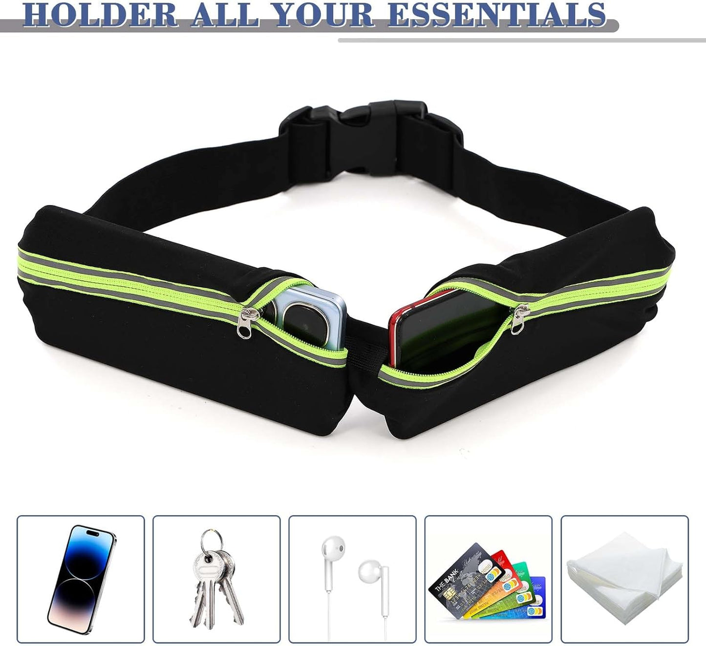 2 Pcs Running Belt for Men and Women, Slim Running Belt, Reflective Waterproof Double Pocket Design, Suitable for Running, Cycling, Mountaineering and Other Sports (Blue, Green)