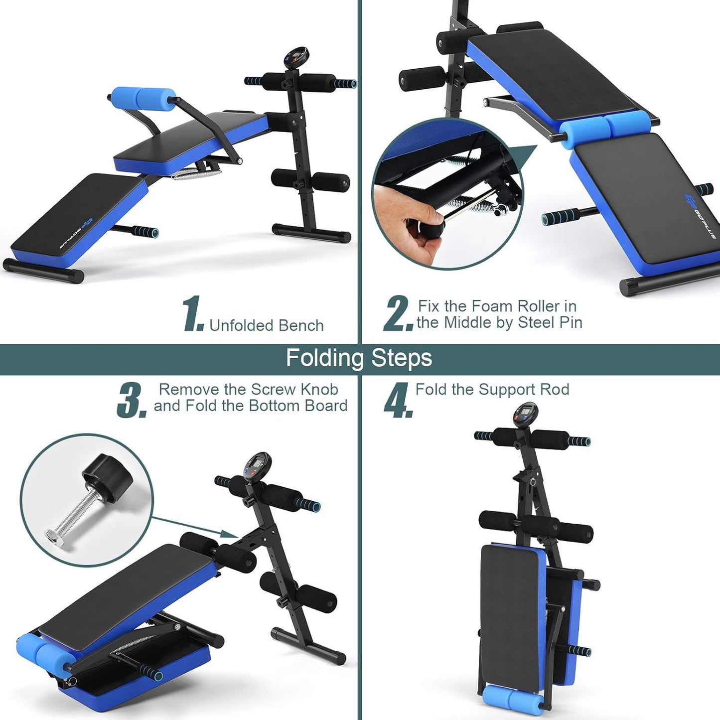Goplus 6 in 1 Adjustable Sit Up Bench, Foldable Utility Weight Bench w/LCD Monitor, Flat/Incline/Decline Exercise Multi-Purpose Bench for Home, Gym and Office