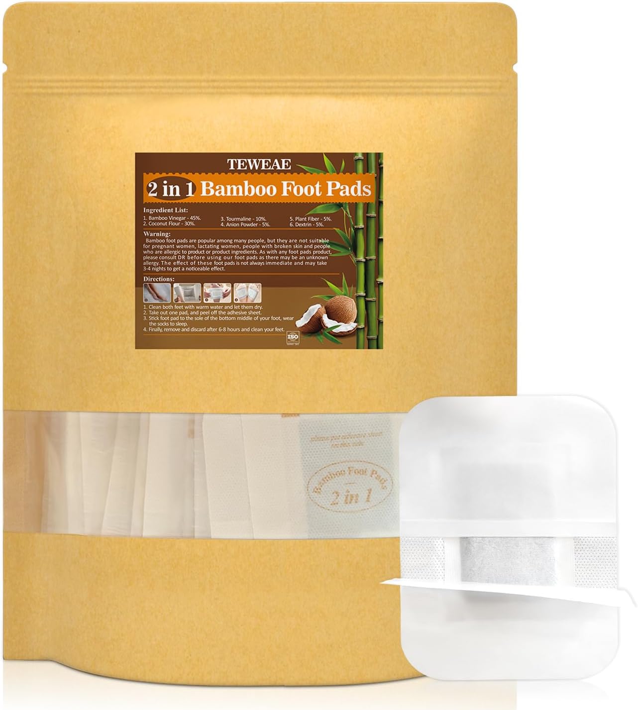 2 in 1 Foot Pads, 124 Pads Bamboo Vinegar Coconut Shell Powder Foot Pads with ''Stay in Place'' Bigger Adhesive Sheet