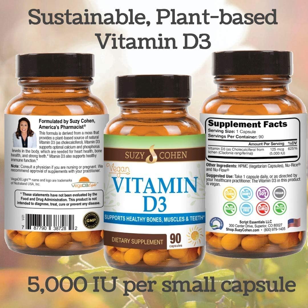 Script Essentials Vegan Vitamin D3 5,000 IU for Healthy Muscle Function, Bone Health, and Immune Support - Non-GMO, Gluten Free and Kosher Certified - 90 Servings
