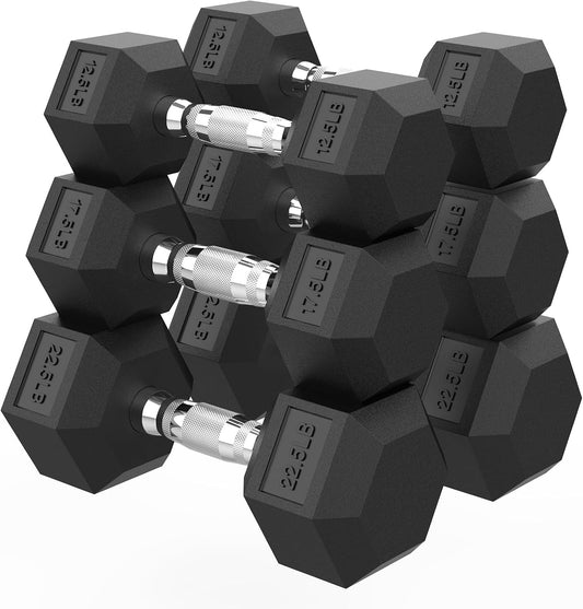 Hex Dumbbell 45-480 lb Set, Rubber Encased Exercise & Fitness Dumbbells for Home Gym, Hand Weights for Strength Training