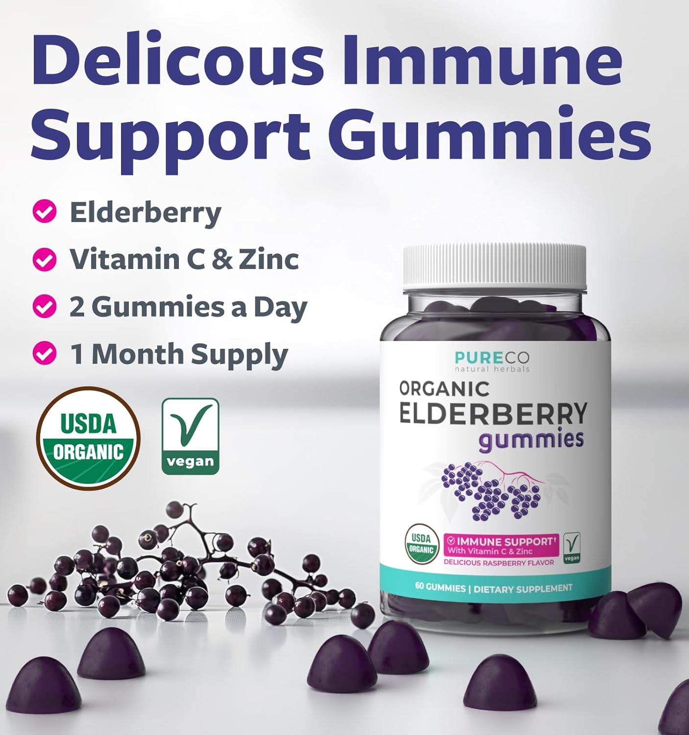 Organic Elderberry Gummies for Adults - Vegan Sambucus Elderberry Immune Support Gummies with Black Elderberry Vitamin C and Zinc for Daily & Seasonal Immunity (USDA Organic Non-GMO Vegan) - 1 Month