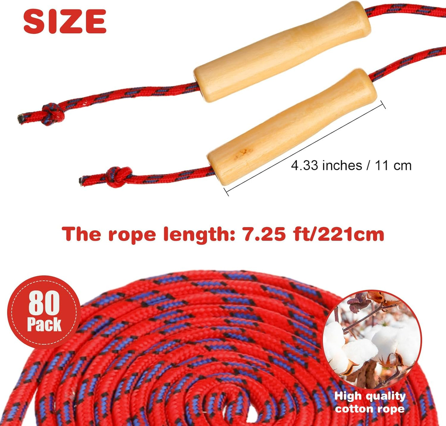 Lenwen Jump Rope Bulk for Kids 7.25 ft Cotton Skipping Rope Adjustable with Wooden Handle for Training Outdoor Exercise Christian Charity Donation Operation Christmas Supplies