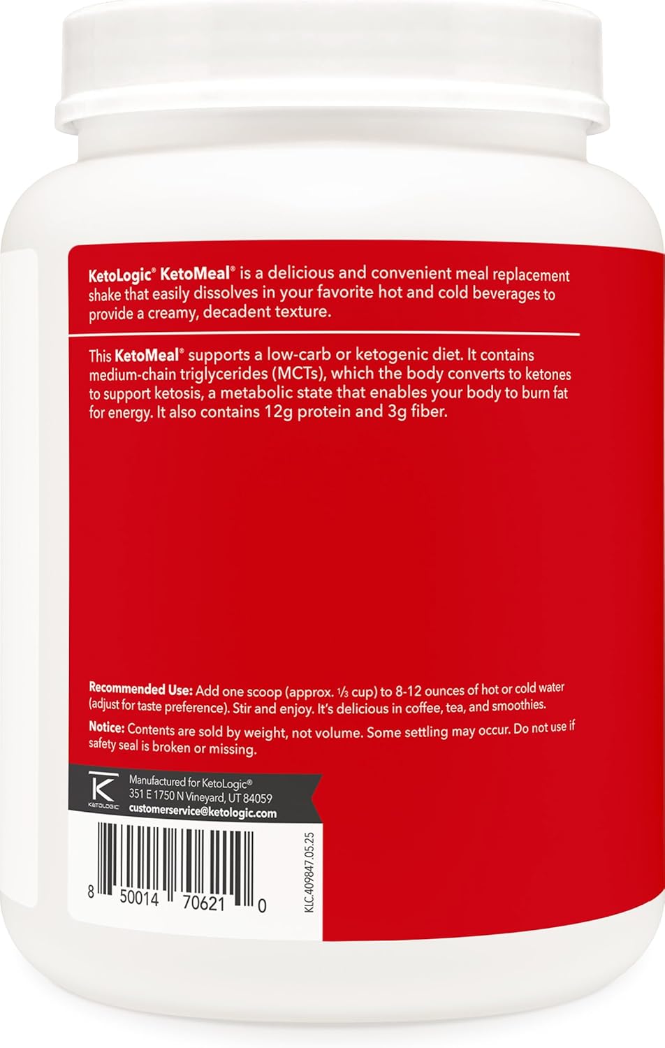 Ketologic Keto Meal Replacement Shake Powder for Optimal Results + MCT Oil + Grass-Fed Whey - Perfectly Formulated Macros for Ketosis - 20 Servings - Vanilla