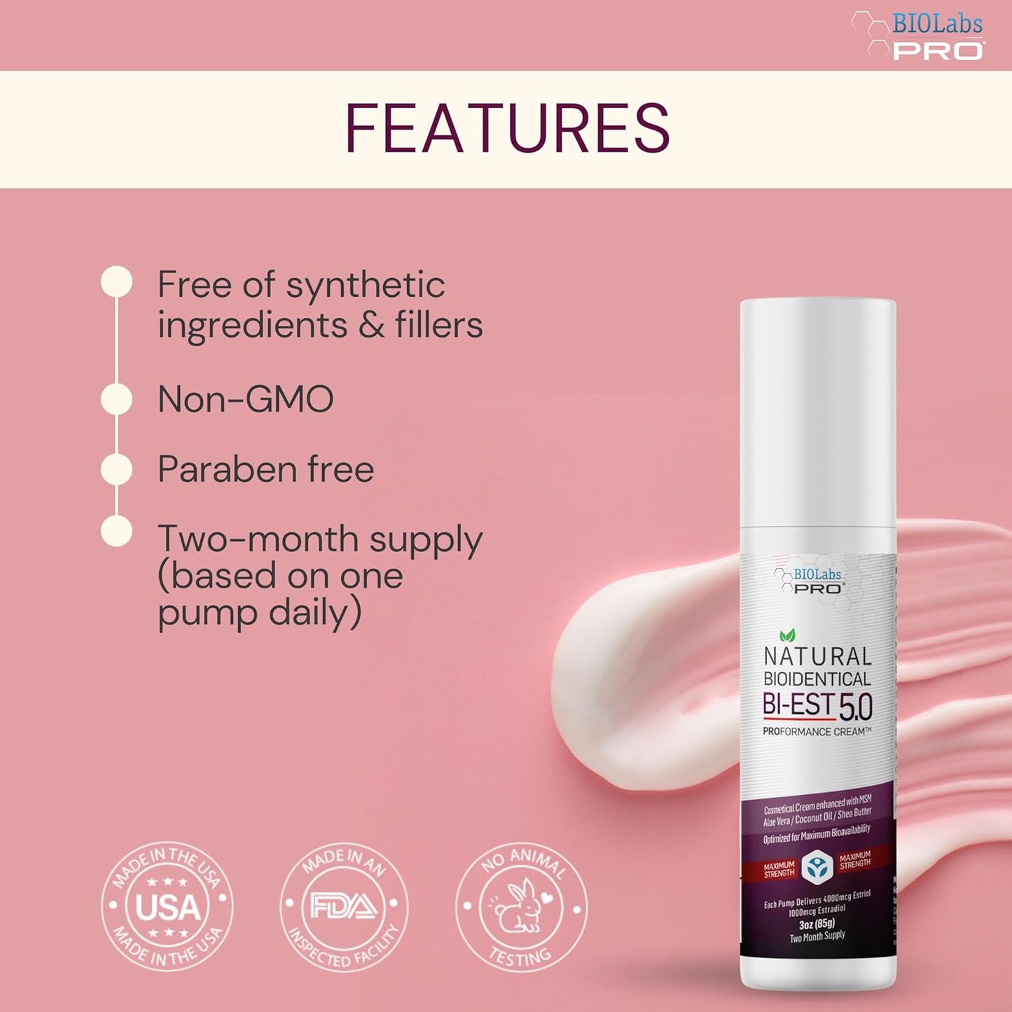 BIOLABS PRO Estro Cream BiEST 5.0 - Bioidentical Max Strength Solution - 5mg Per Pump - Two Month Supply - 3oz