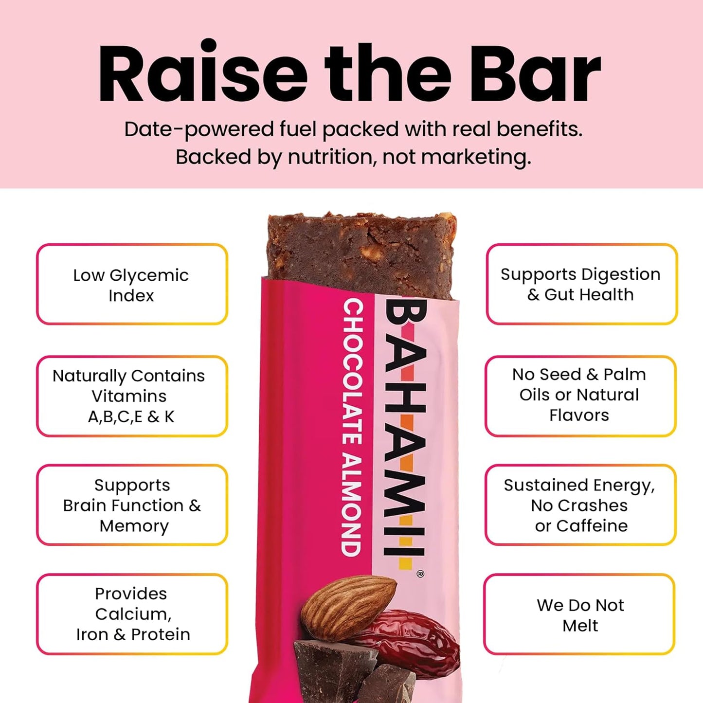 Bahamii Chocolate Almond Nut & Date Bars, 12 Pack, Gluten Free & 0g Added Sugar Low Calorie Snacks, Delicious Snack Bar with Almonds, Dates, Organic Cocoa, Vanilla, Sea Salt, Diabetic Snacks