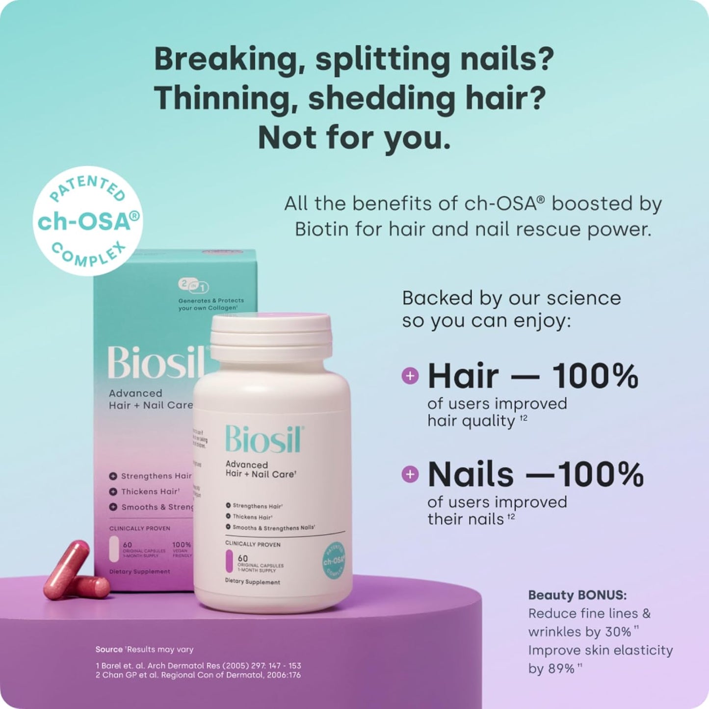 Biosil Advanced Hair + Nail Care - Growth Vitamins for Women - Strengthen & Thicken Strands - 60 Capsules - Patented ch-OSA - 30-Day Supply