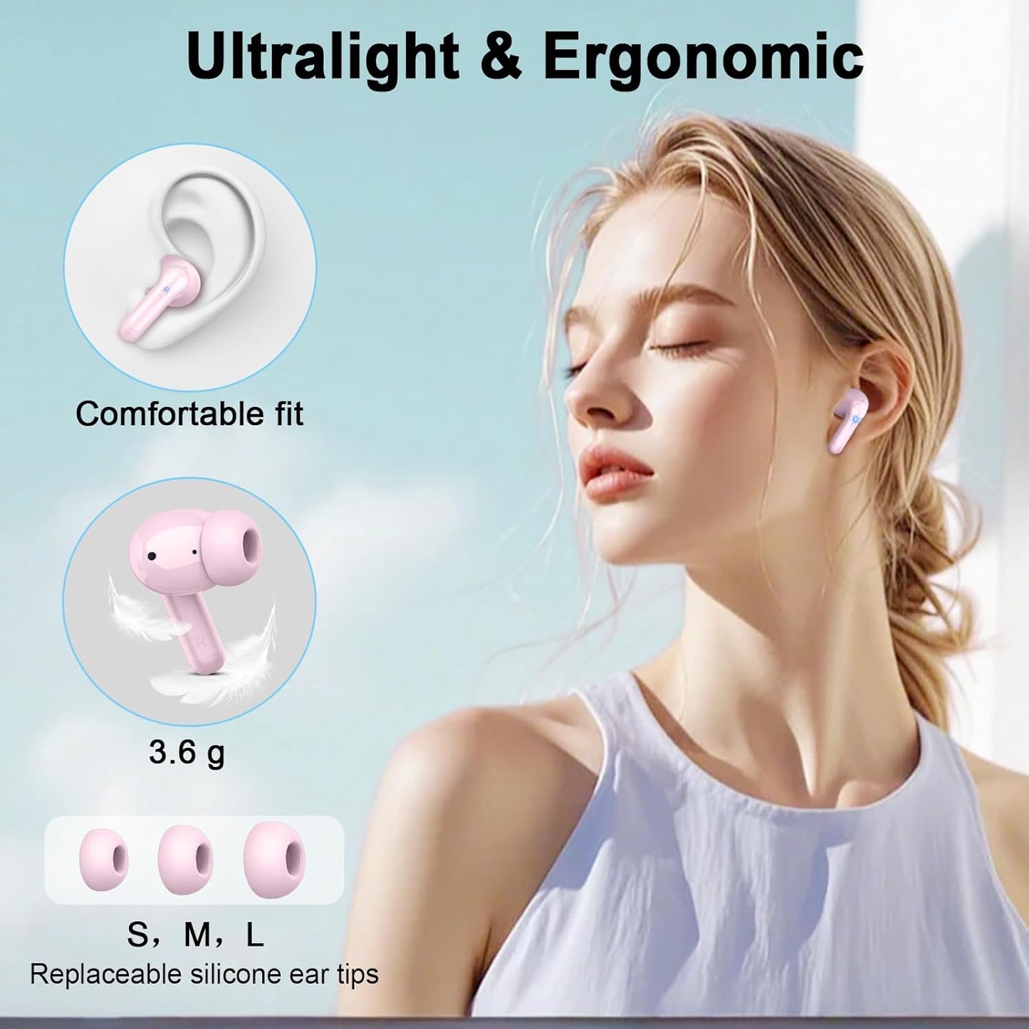 Wireless Earbuds, 2025 Bluetooth 5.4 Headphones Hi-Fi Stereo Ear Buds, 4 ENC Noise Cancelling Mic, 40+Hrs USB-C in-Ear Earphone, IP-X7 Waterproof Sport Workout Gym for Laptop Pad Android iOS