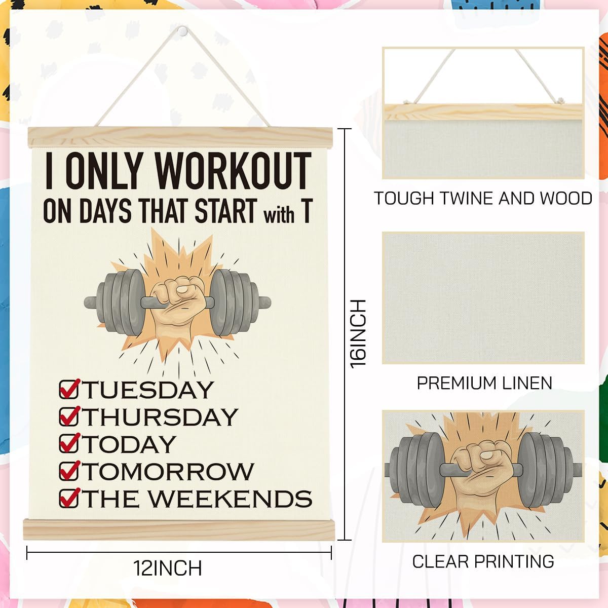 Gym Motivational Posters Funny College Dorm Posters Gifts for Guys Girls Friends I Only Workout on Days That Start with T Gym Flag Wall Art Decor Sign for Home Gym Bedroom Office