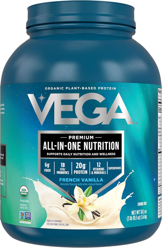 Vega All in One Nutrition Organic - 20g Plant-Based Pea Protein, French Vanilla, 43 Servings, Vitamins A & C, Probiotics, Greens, Vegan, Keto, Gluten Free, 3.63lbs (Packaging May Vary)
