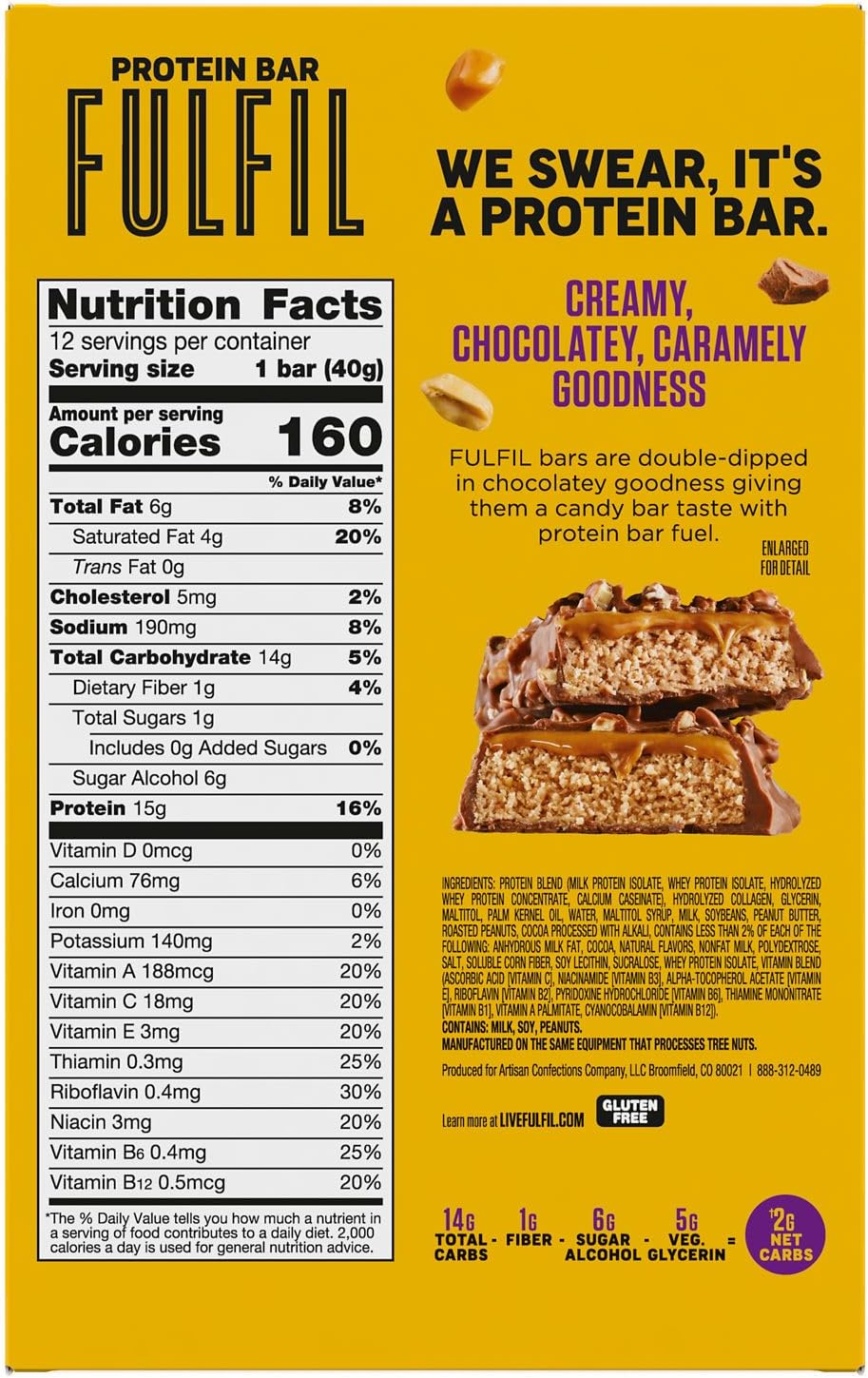 FULFIL Protein Snack Bars, Chocolate Peanut Caramel Flavored, Gluten Free with 15g Protein, Pantry Staples, 12 Count