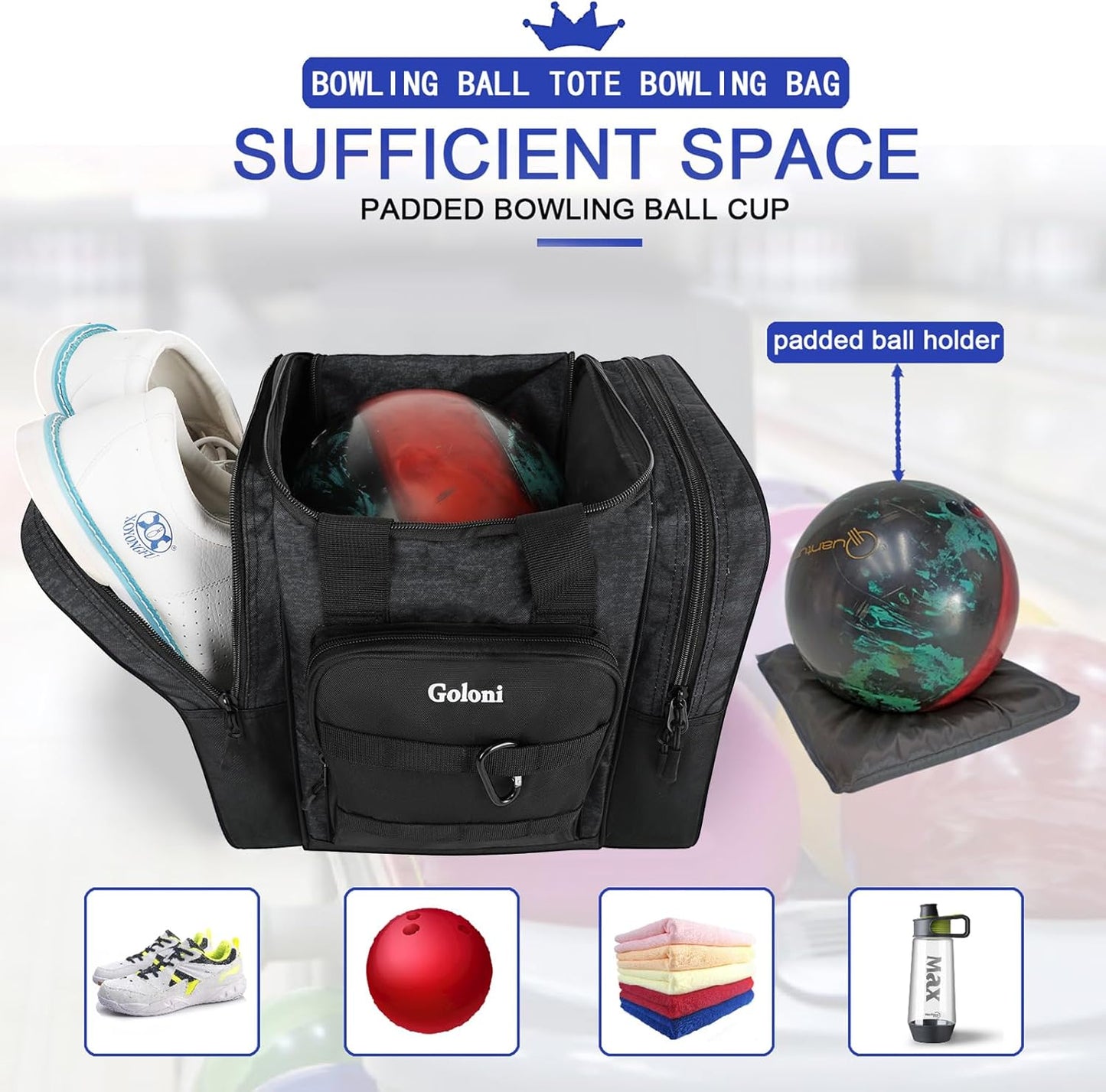 Goloni Bowling Ball Bag for Singer Ball with Padded Ball Holder, 2 Pockets fit Bowling Shoes Up to Mens Size 14 and Accessories