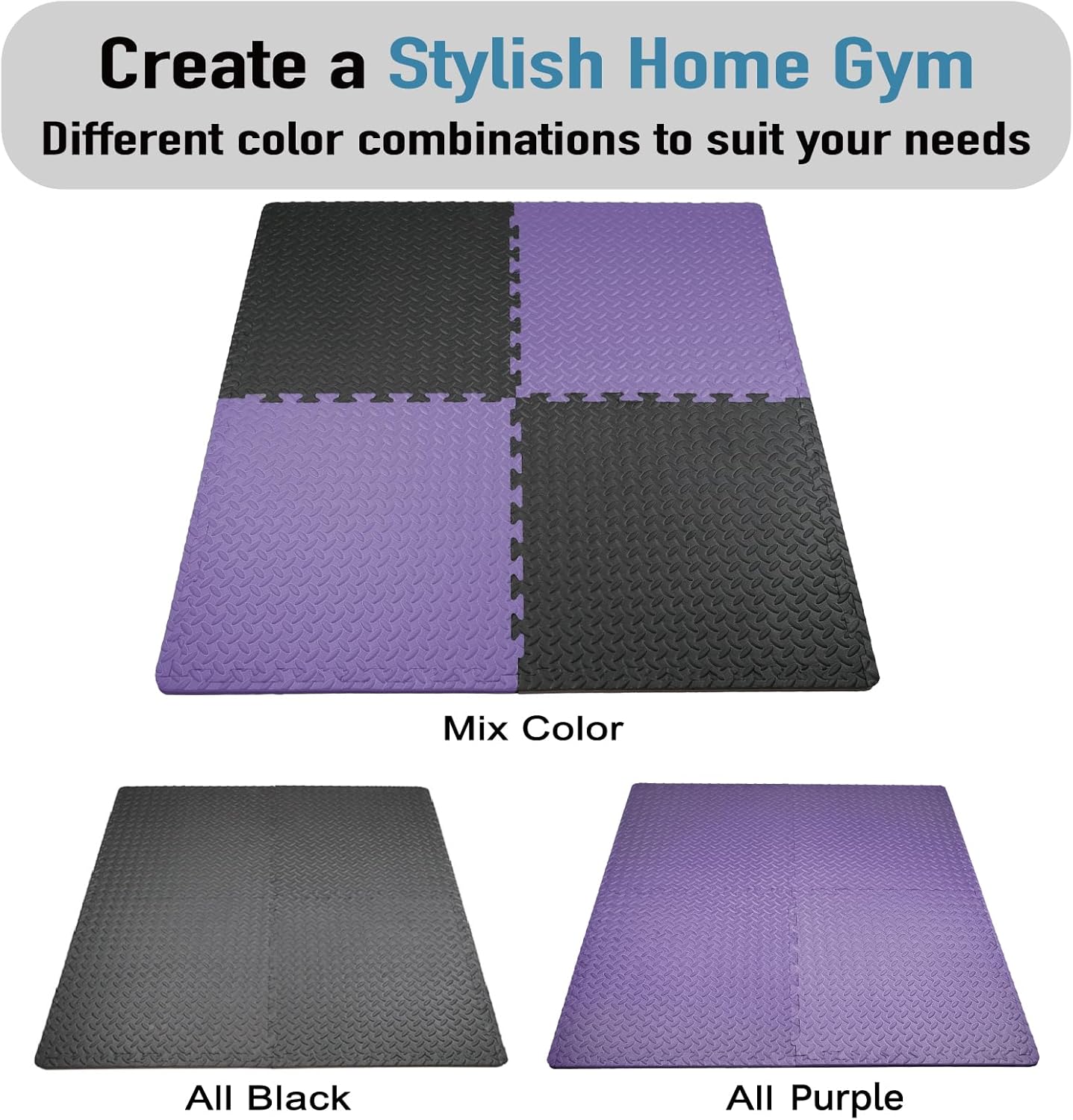 AIRHOP Upgraded 0.79" Extra Thick 48 Sq Ft High-Density Eva Foam Exercise Gym Mats, 12 Pcs Large Interlocking Puzzle Floor Tiles (24"x24") for Home Gym, Black&Purple