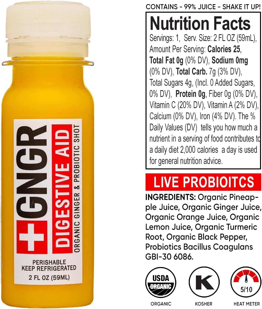 +GNGR 24 Shots Variety Pack of Organic Immunity Boosting Ginger Shots - Cold Pressed Ginger Shots for All Natural Digestive and Immune Support - Nothing Artificial - USDA Organic (2 Fl Oz, 24 Pack)