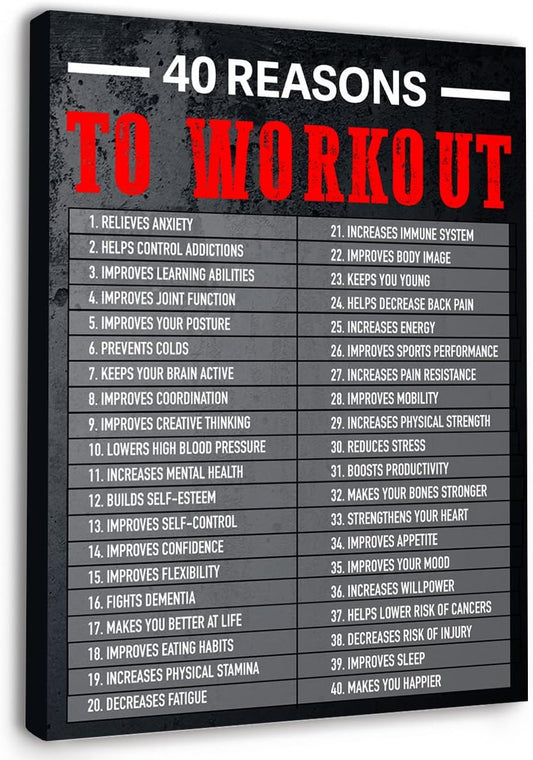Gwisml 40 Reasons To Workout Wall Art,Inspirational Exercise Fitness Canvas Frame Paintings For Gym Sports Room Home Workplace Wall Art Decor