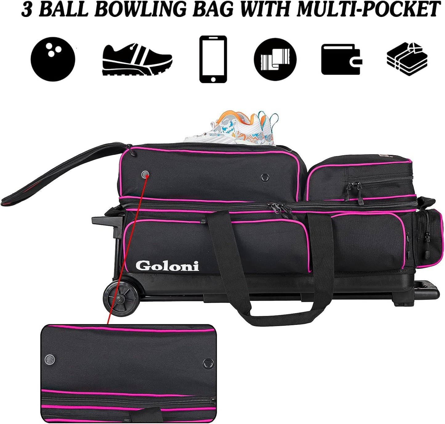 Goloni 3 Ball Bowling Bags with Wheels - Rolling Bowling Bag for 3 Balls & Accessories - Retractable Handle Extends to 38