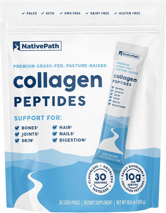 NativePath Collagen Peptides Protein Stick Packs - Hydrolyzed Type 1 & 3 Collagen Powder for Skin, Hair, Nails - 30 Servings