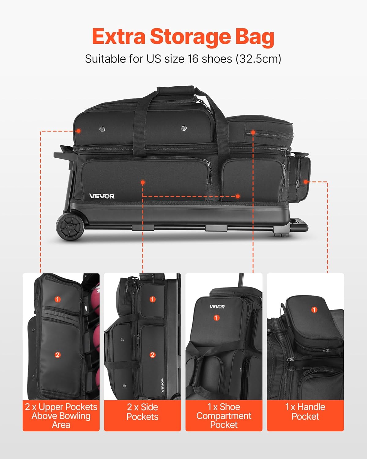 VEVOR Bowling Ball Bag, 3 Ball Double Roller Bowling Bag with Wheels, Featuring a Separate Compartment for Shoes (Up To US Size 16) & Oversized Accessory Pocket, Retractable Handle Extends to 41.34 in