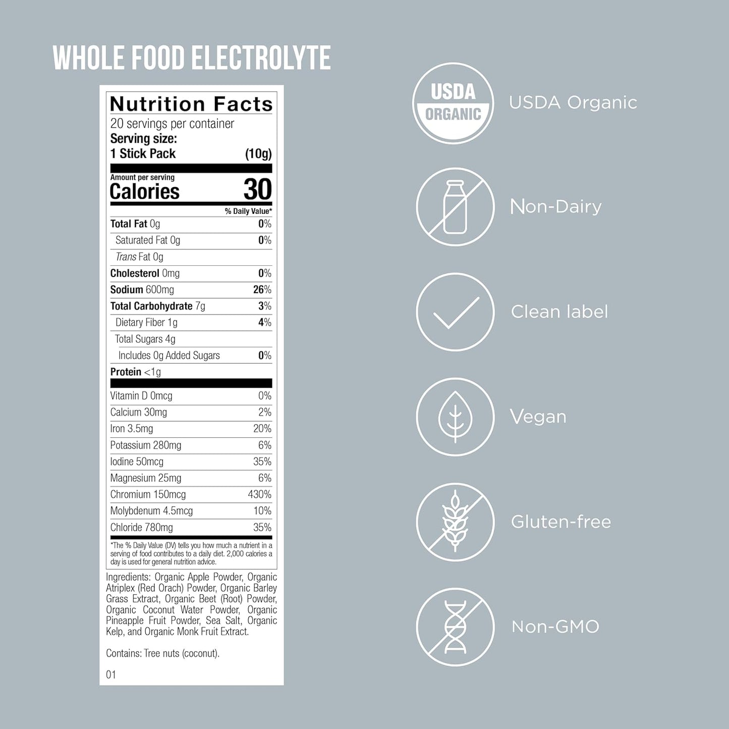 Possible Whole Food Electrolyte - Powder Drink Mix for Pre-Workout, Post-Workout & Everyday Hydration - Vegan, Plant-Based Wellness - Gluten-Free, USDA Organic - Clean Label - 20 Stick Packs