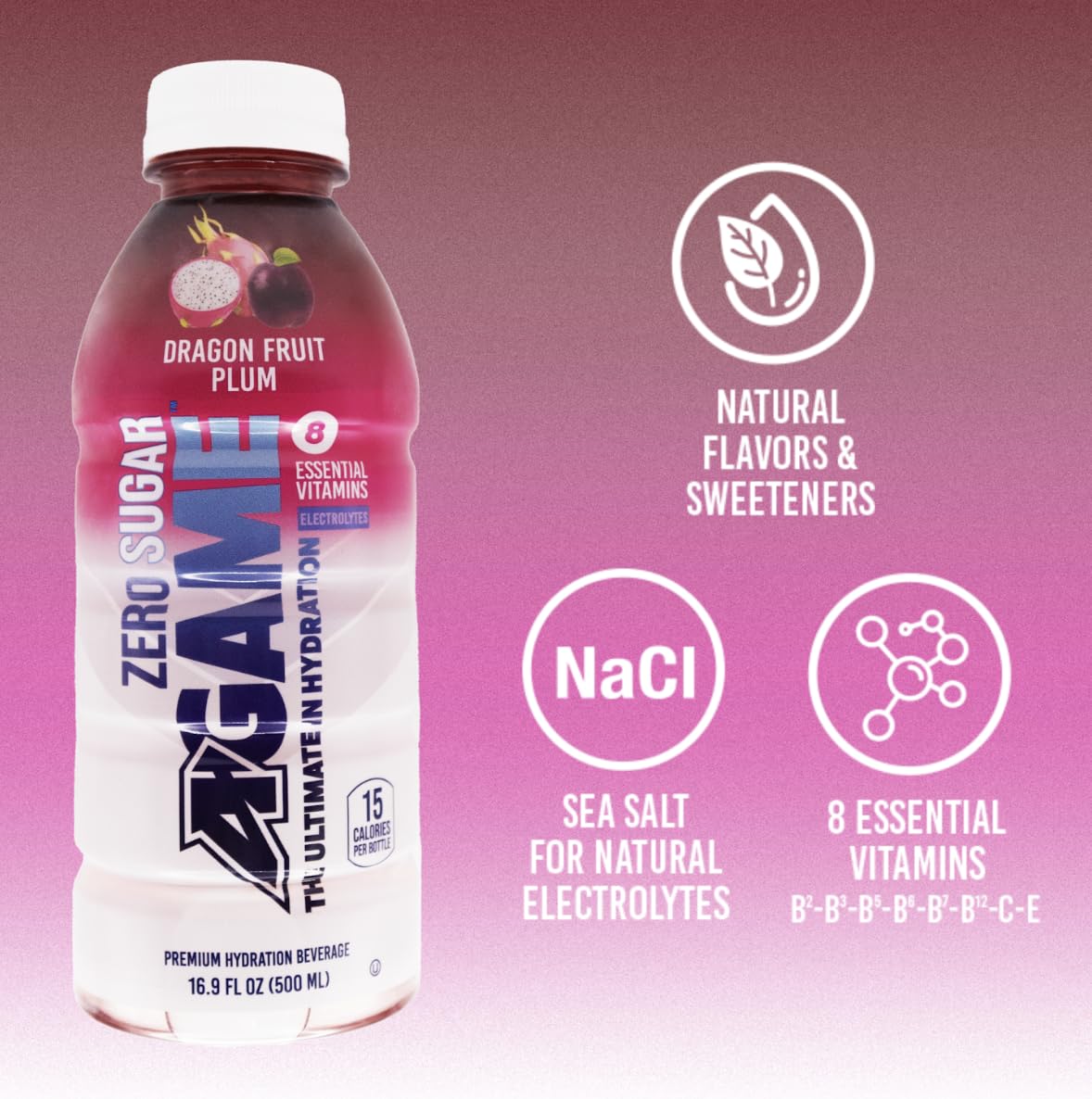 A-GAME Zero Sugar Sports Drink, Dragon Fruit Plum Zero Sugar, The Ultimate Sugar Free Hydration Sports Beverage, 8 Essential Vitamins including B, C, & E plus Sea Salt Electrolytes, All Natural Flavors, Gluten Free & Keto Friendly, 16.9 Fl Oz (Pack of 12)