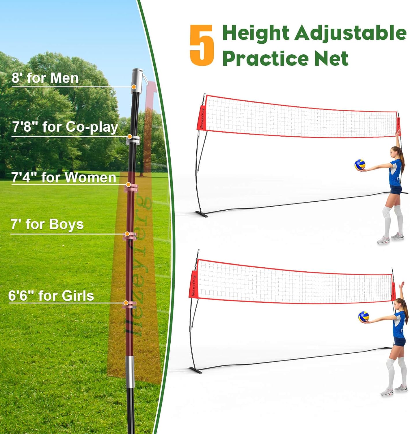 20FT/12FT Freestanding Volleyball Training Net, 5 Height Adjustable Portable Volleyball Net System, Quick Setup Practice Set for Indoor or Outdoor Use