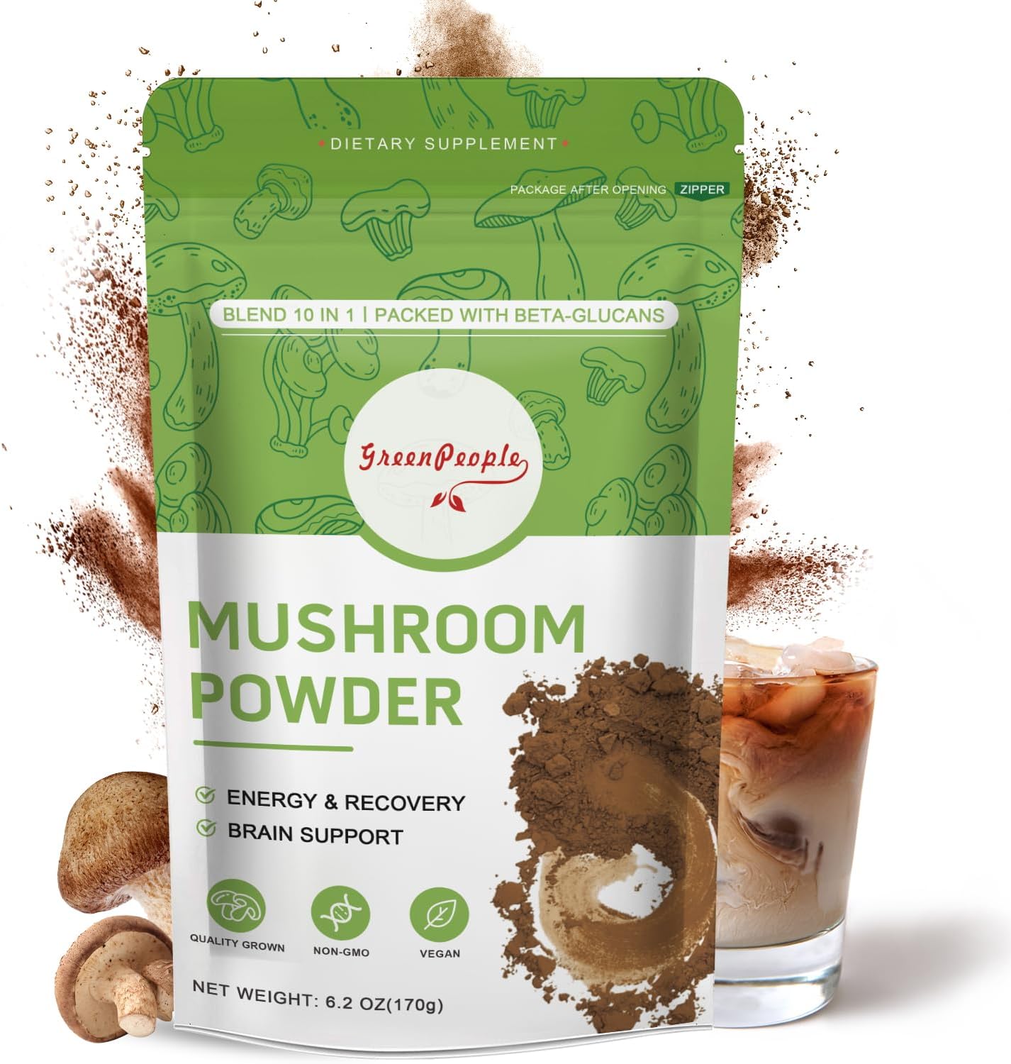 Mushroom Powder Mushroom Supplement - 10-in-1 Mushrooms Lions Mane Powder with Reishi/Cordyceps/Chaga/Turkey Tail/Maitake/Complex for Cognitive Function & Immune Support 60 Servings