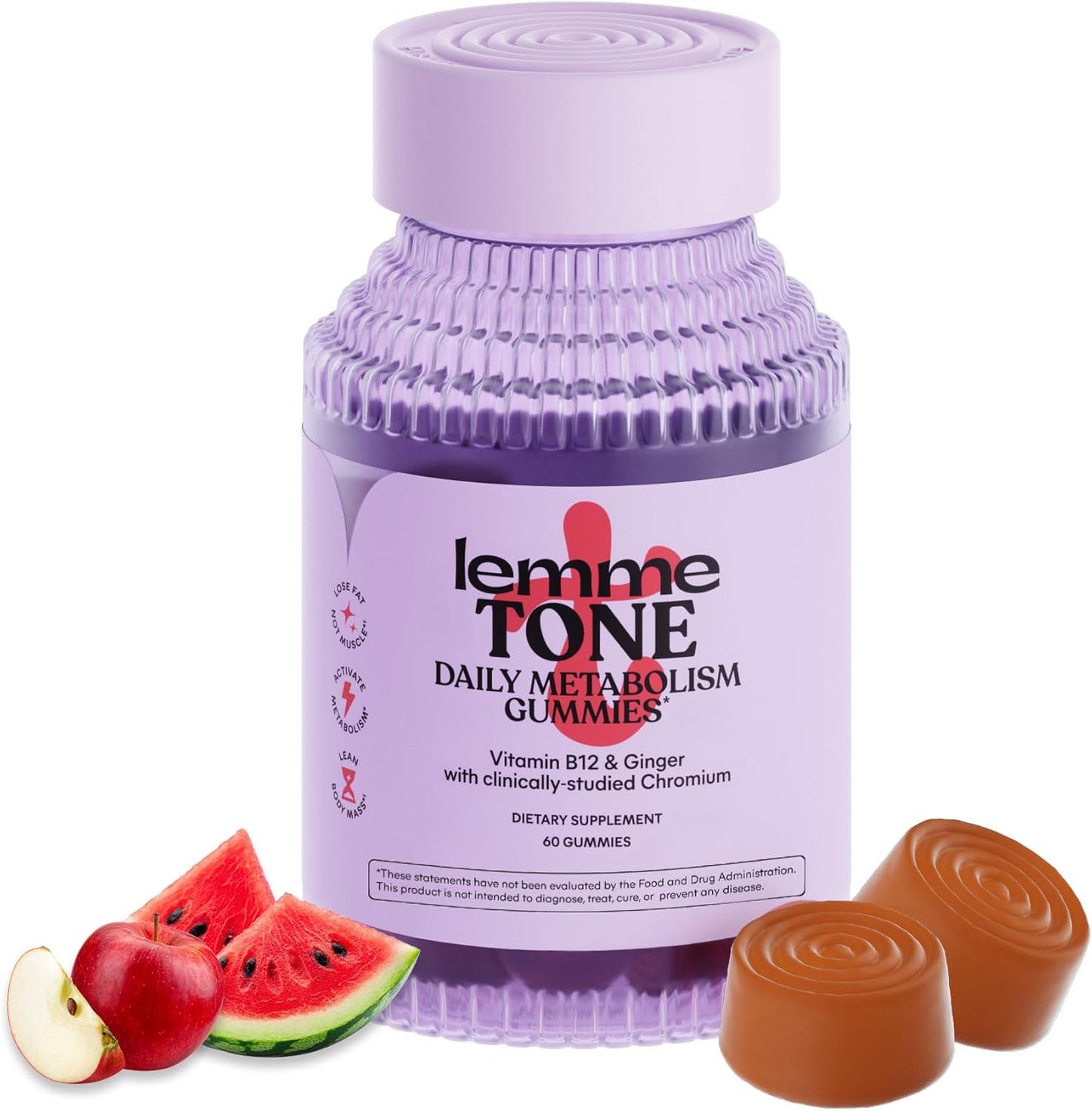 Lemme Tone Metabolism Gummies, Apple Cider Vinegar, Clinically Studied Chromium, B12, Ginger, Promote Lean Body Mass, Watermelon Apple Flavor (30 Day Supply)
