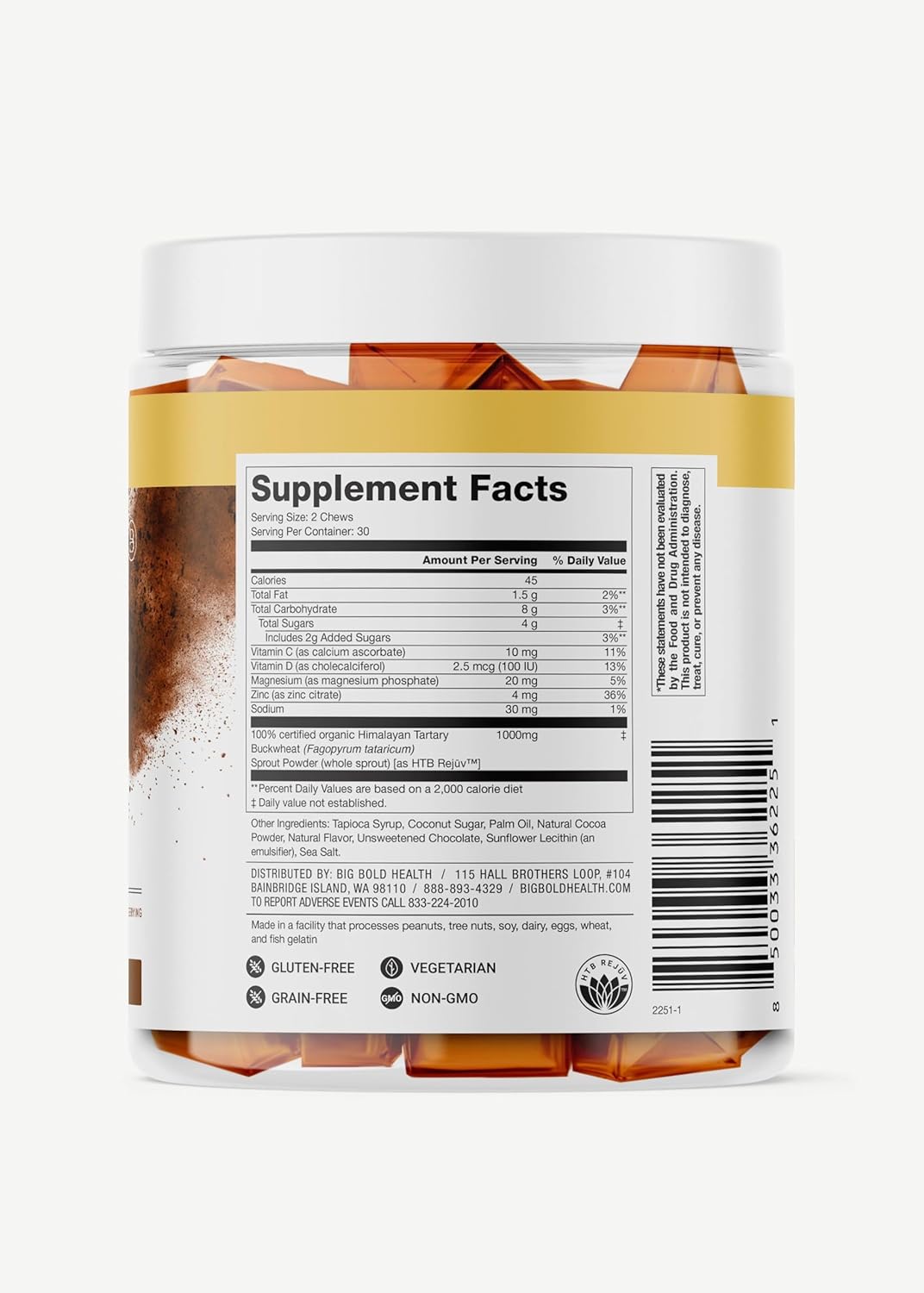 BIG BOLD HEALTH HTB Immune Energy Chews, Organic Sprouted Buckwheat with Vitamin D, Vitamin C, Zinc and Magnesium. Flavored with Delicious Real Cocoa Powder.