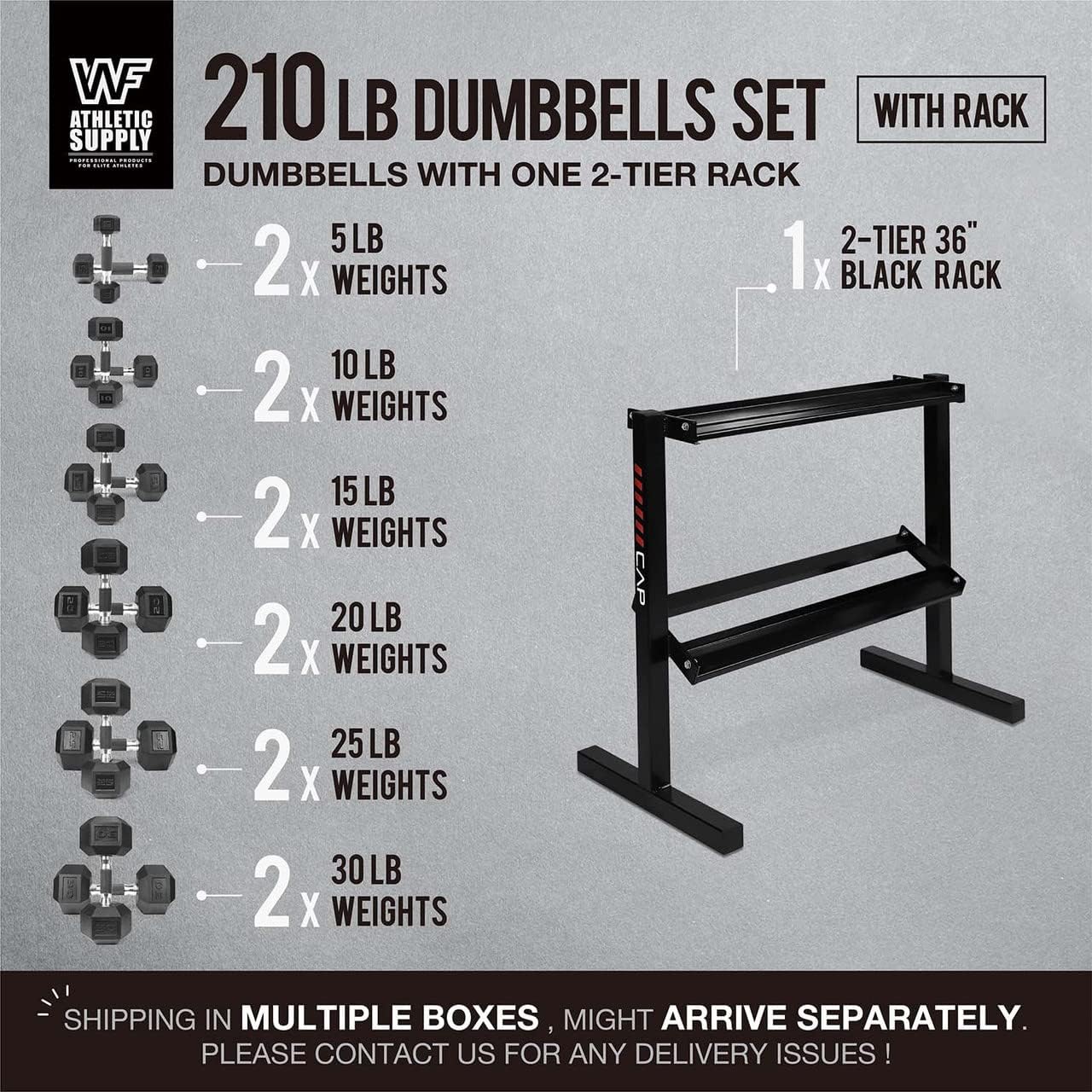 WF Athletic Supply Rubber Encased Hex Dumbbells with Rubber Grip Contoured Handle for Muscle Toning, Strength Building & Full Body Workout