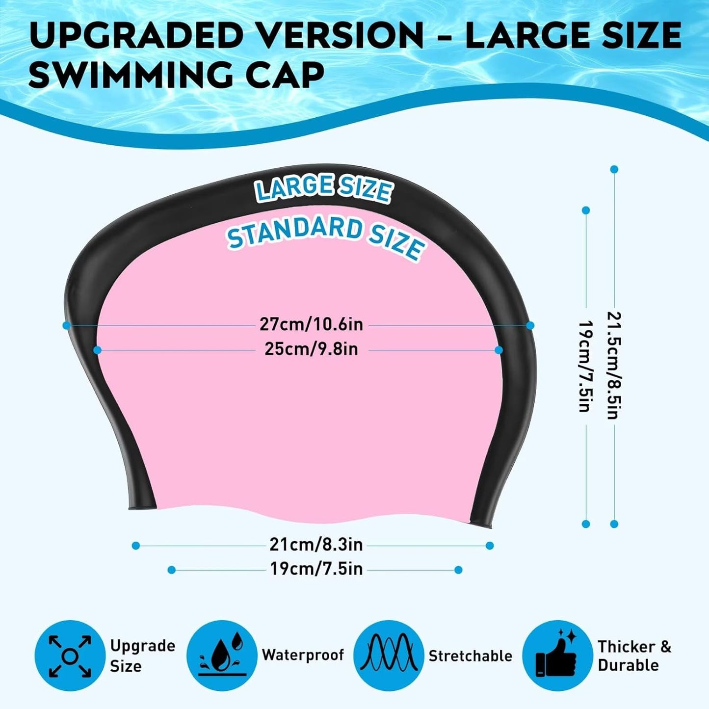 2 Pack Large Swim Caps for Long Hair, Silicone Swimming Cap for Adult Women Men, Waterproof Swim Hats Bathing Caps to Keep Hair Dry with Bonus Nose Clip and Earplugs