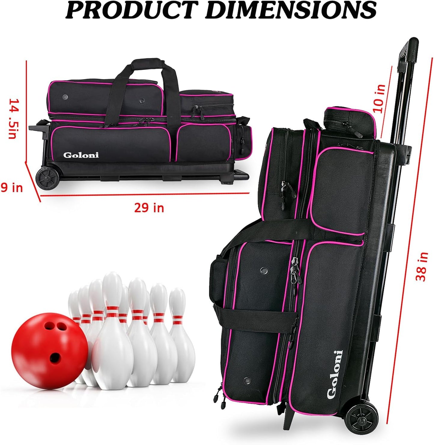 Goloni 3 Ball Bowling Bags with Wheels - Rolling Bowling Bag for 3 Balls & Accessories - Retractable Handle Extends to 38