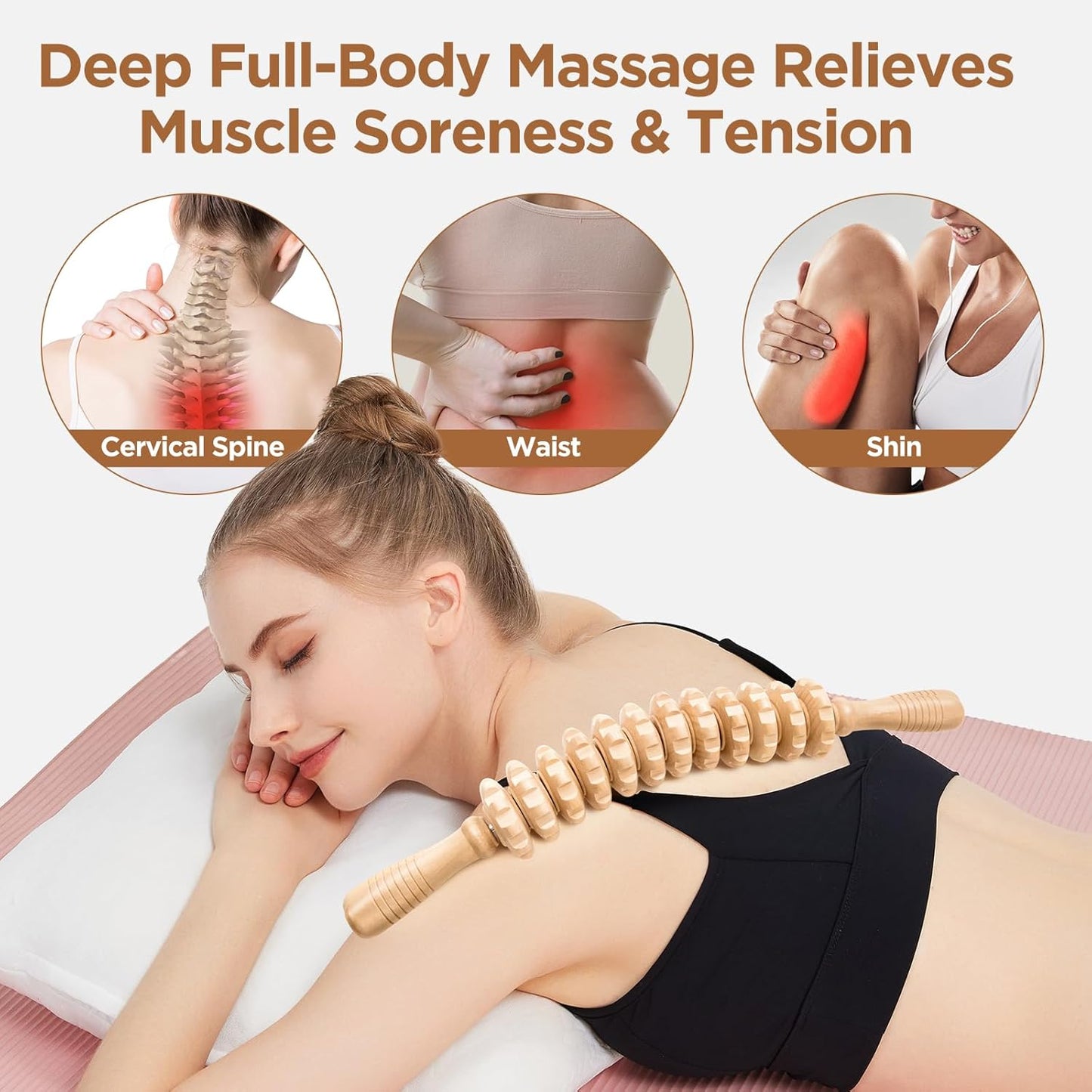 Wooden Cellulite Massage Roller for Legs and Thighs - Handheld Fascia Blaster Tool for Muscle Relief, Lymphatic Drainage & Body Sculpting - Anti Cellulite Massager for Women and Men (12 Wheel)