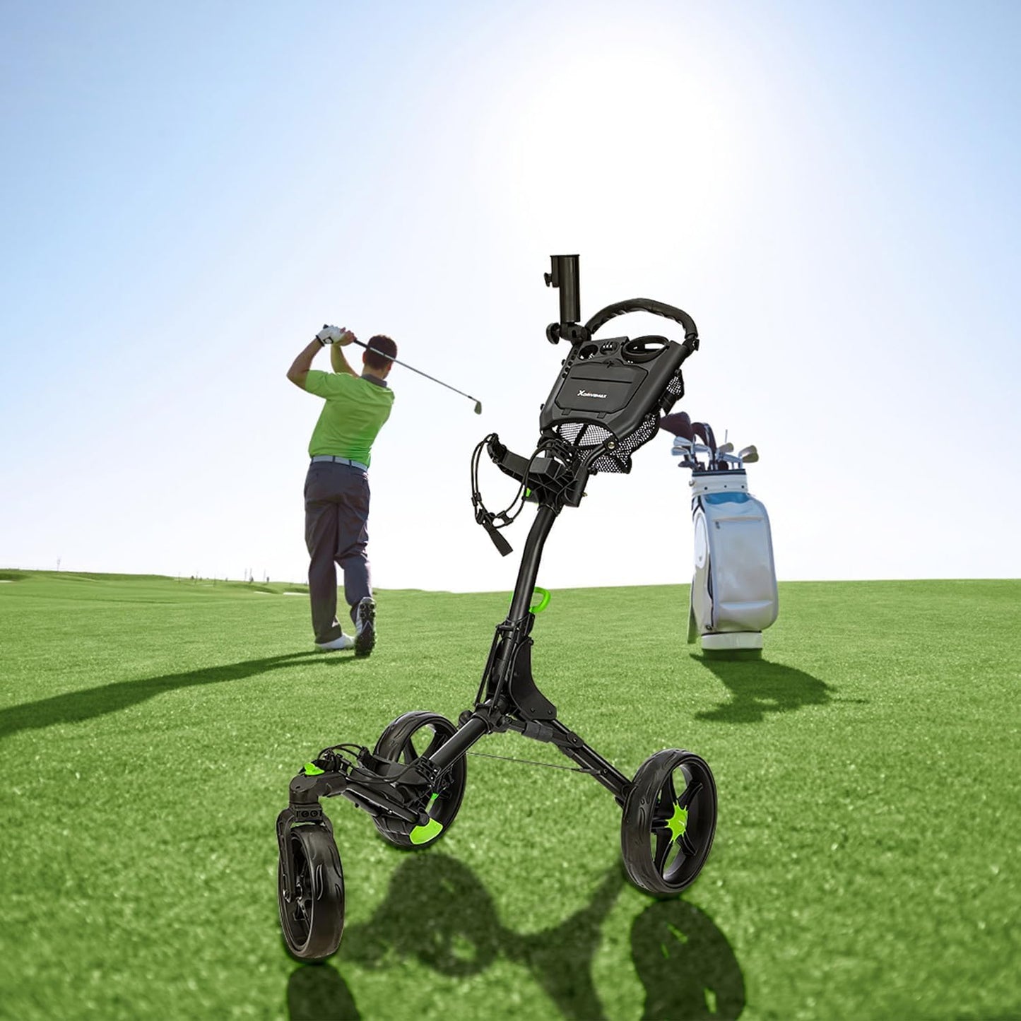 Golf Push Cart Series: 2-Wheel, 3-Wheel, 4-Wheel & 360° Swivel Front Wheel