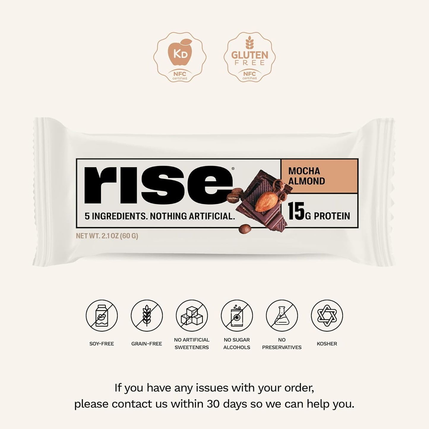Rise Whey Protein Bars - Mocha Almond | Breakfast Bar & Protein Snack 15g Protein 4g Fiber Just 5 Whole Food Ingredients Gluten-Free Soy Free