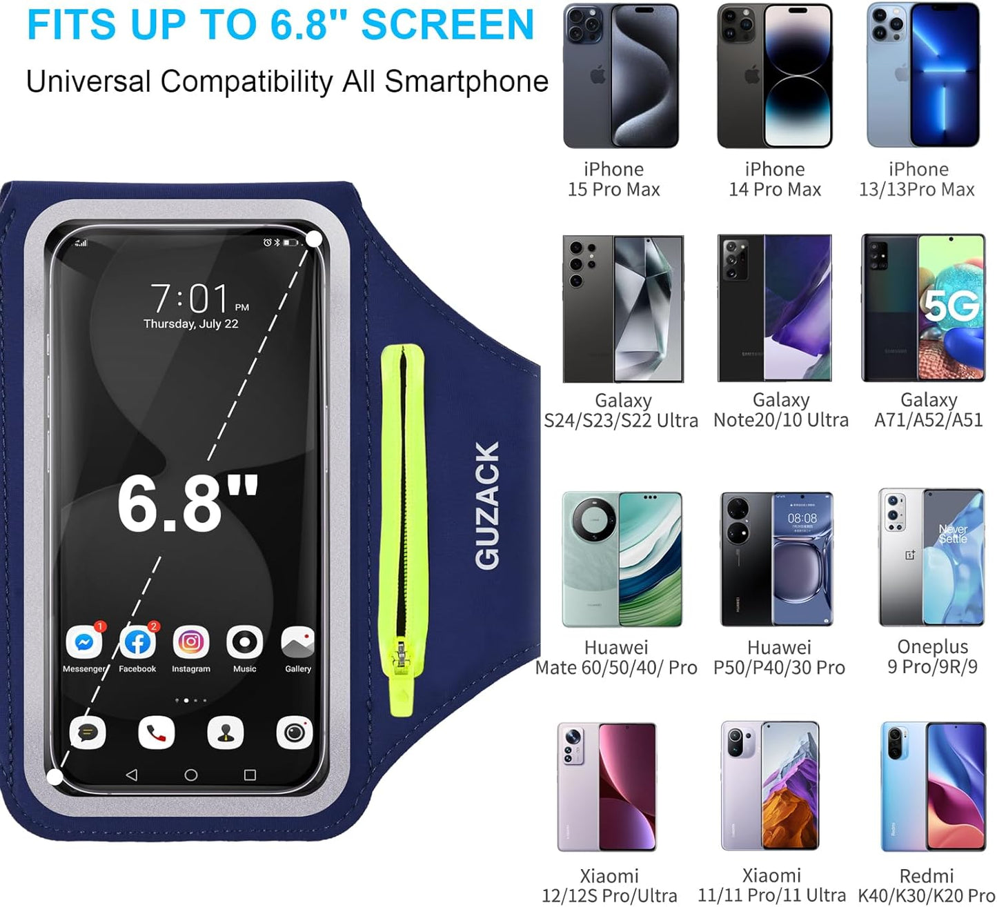 GUZACK Running Armband, Running Phone Holder with Key Pockets & Card Slot for iPhone 15 14 13 12 11 Pro Max Plus, Galaxy S24 S23/S22/S21 Fit Up to 6.9 Inches, Navy Blue Green Zipper