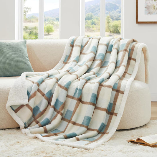 PU MEI Super Soft Faux Rabbit Fur Sherpa Fleece Throw Blanket, Reversible Luxury Cozy Cute Furry Blanket, Plush Warm Shaggy Fluffy Checkered Blankets for Sofa Couch Bed (Green-Plaid, 80" x 90")