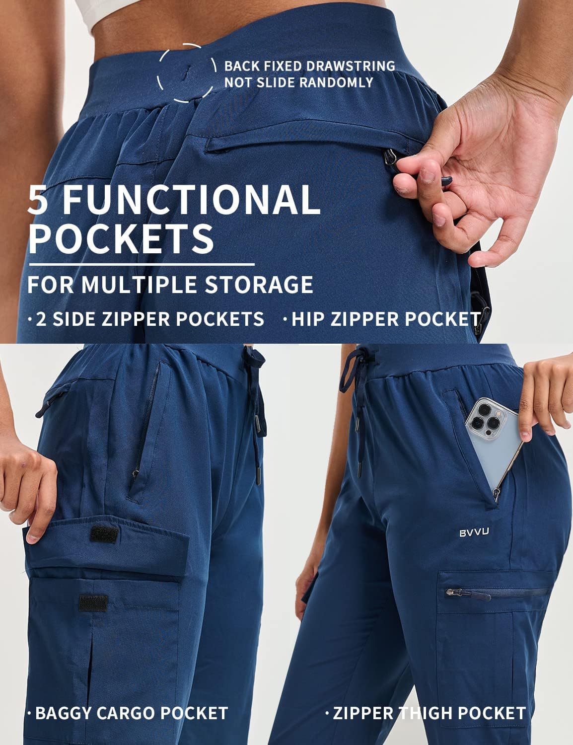 BVVU Women's Hiking Pants Lightweight Quick Dry Travel Outdoor Pants Waterproof Work Cargo Joggers with Zipper Pockets