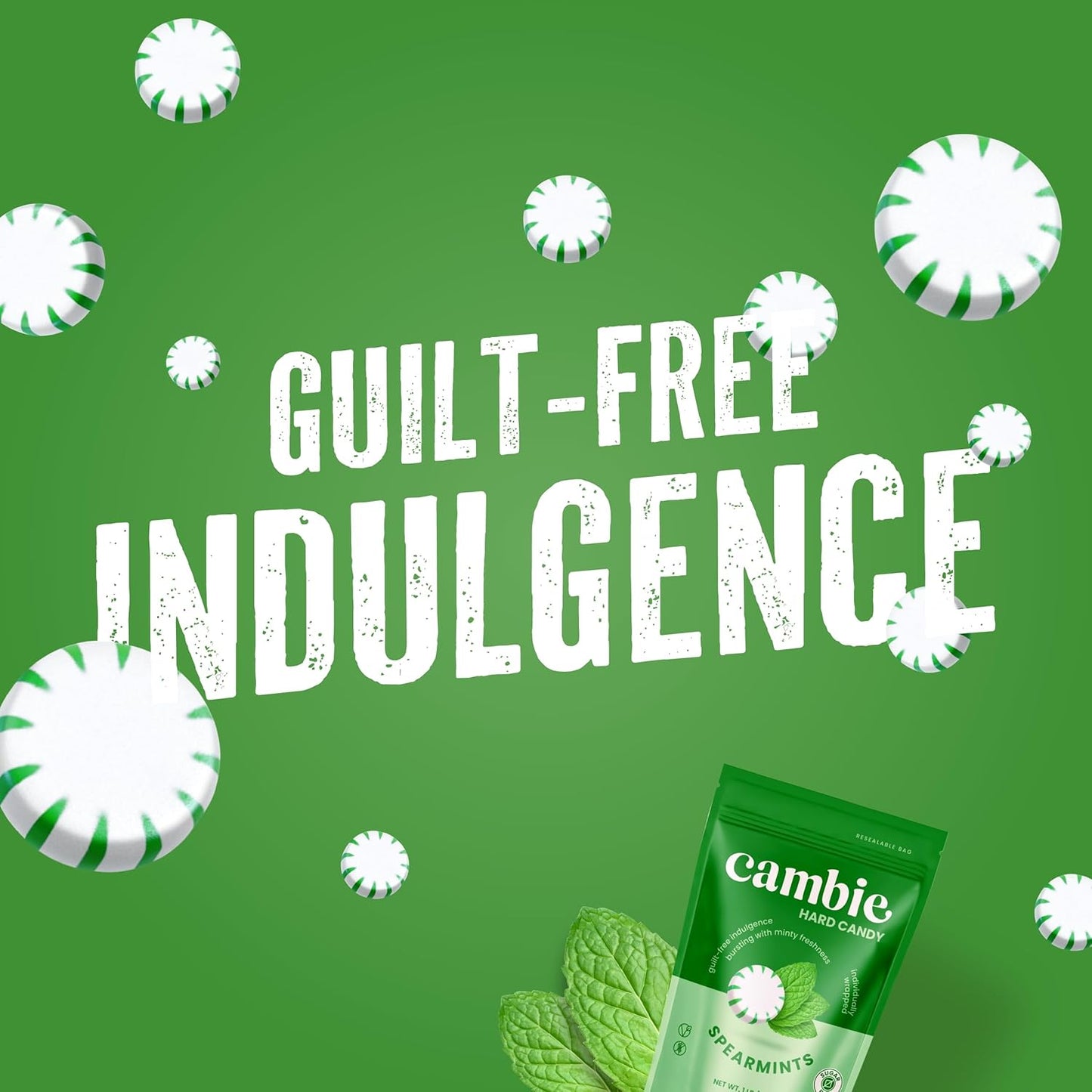 Cambie Sugar Free Mints, 1 lb of Sugar Free Hard Candy, Spearmints Individually Wrapped with a Refreshing & Sweet Spearmint Flavor, Packaged Fresh in a Resealable Pouch