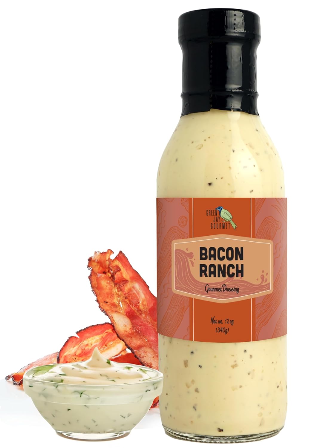 Green Jay Gourmet Bacon Ranch Salad Dressing – Savory, Smoky & Creamy – Handcrafted in USA – Perfect for Salads, Dips, Wraps & More – 12 Ounces